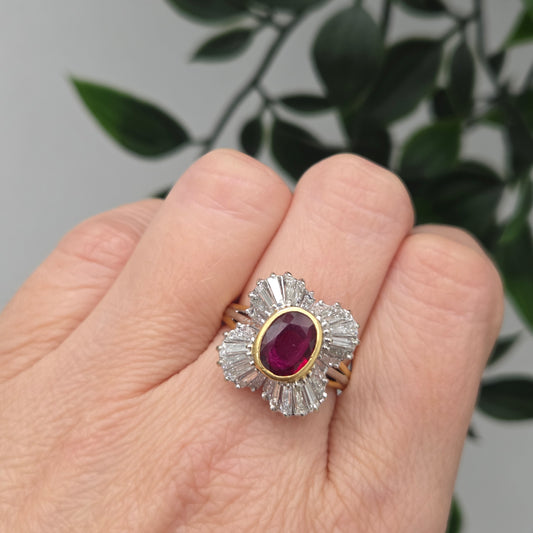 Oval Ruby and Tapered Baguette Diamond Ballerina Cluster Ring