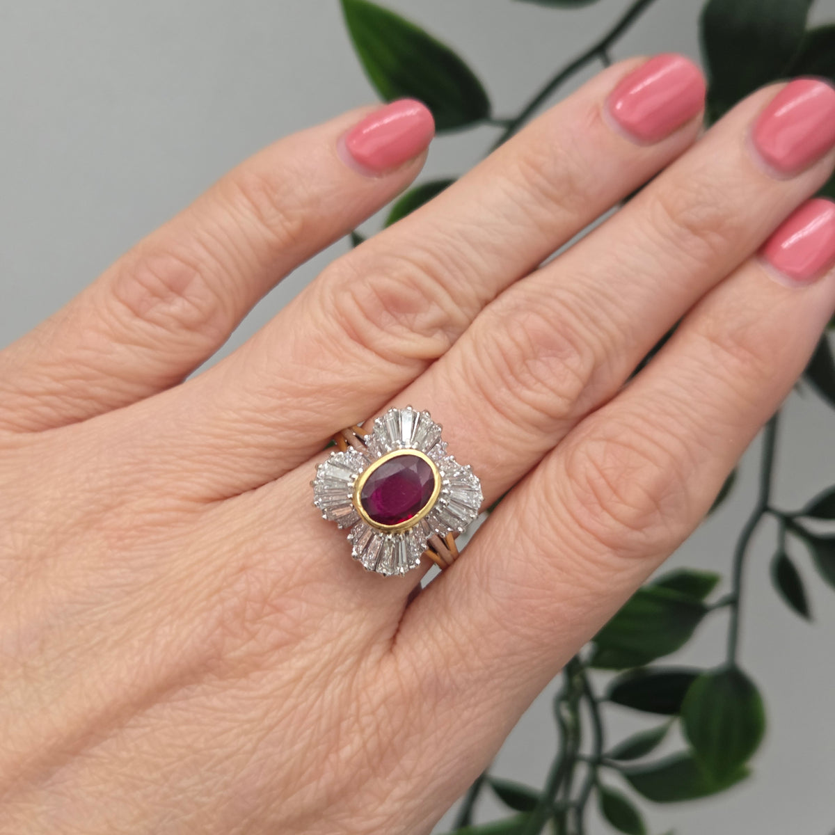 Oval Ruby and Tapered Baguette Diamond Ballerina Cluster Ring