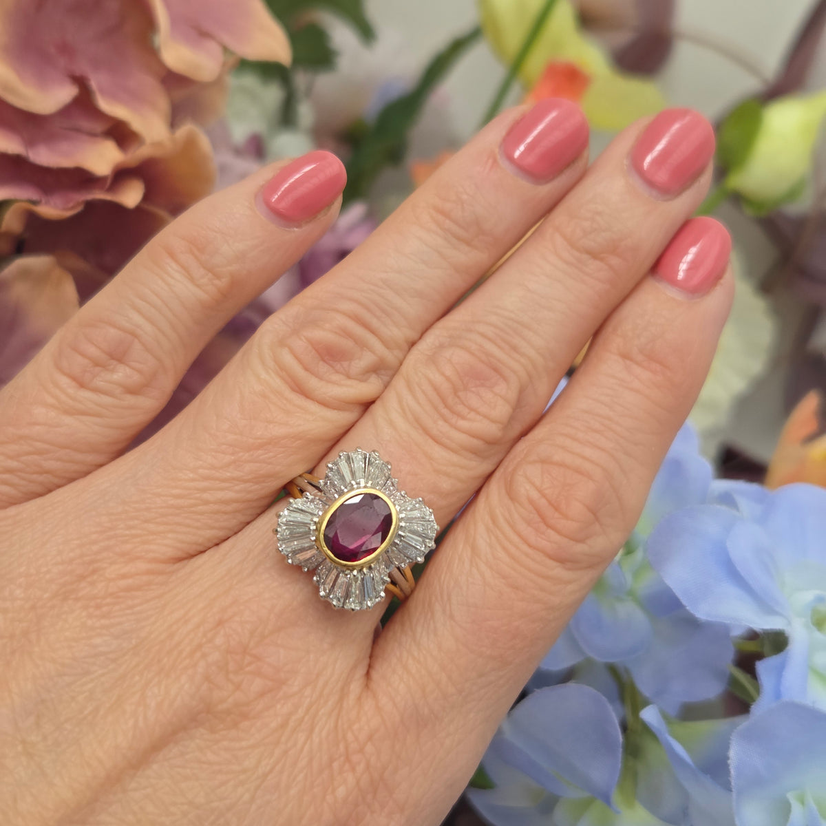 Oval Ruby and Tapered Baguette Diamond Ballerina Cluster Ring