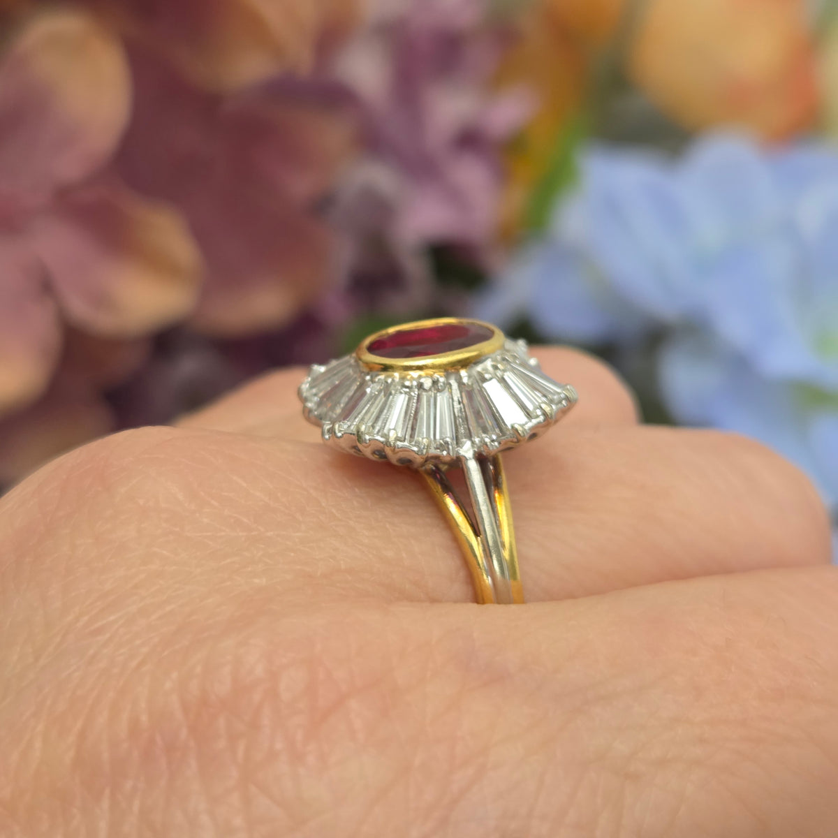 Oval Ruby and Tapered Baguette Diamond Ballerina Cluster Ring