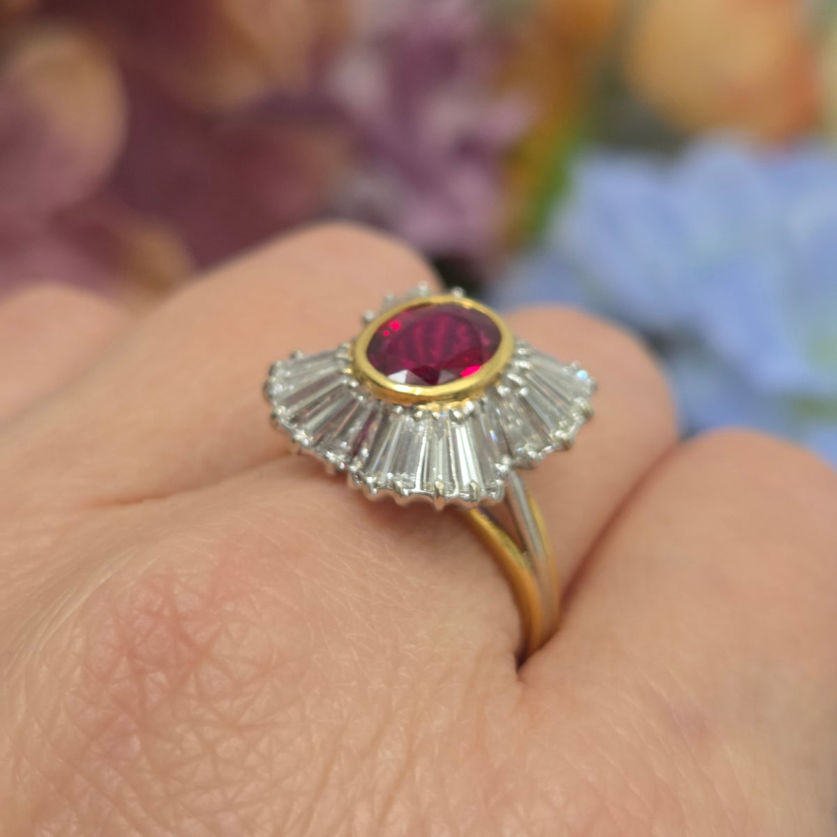 Oval Ruby and Tapered Baguette Diamond Ballerina Cluster Ring
