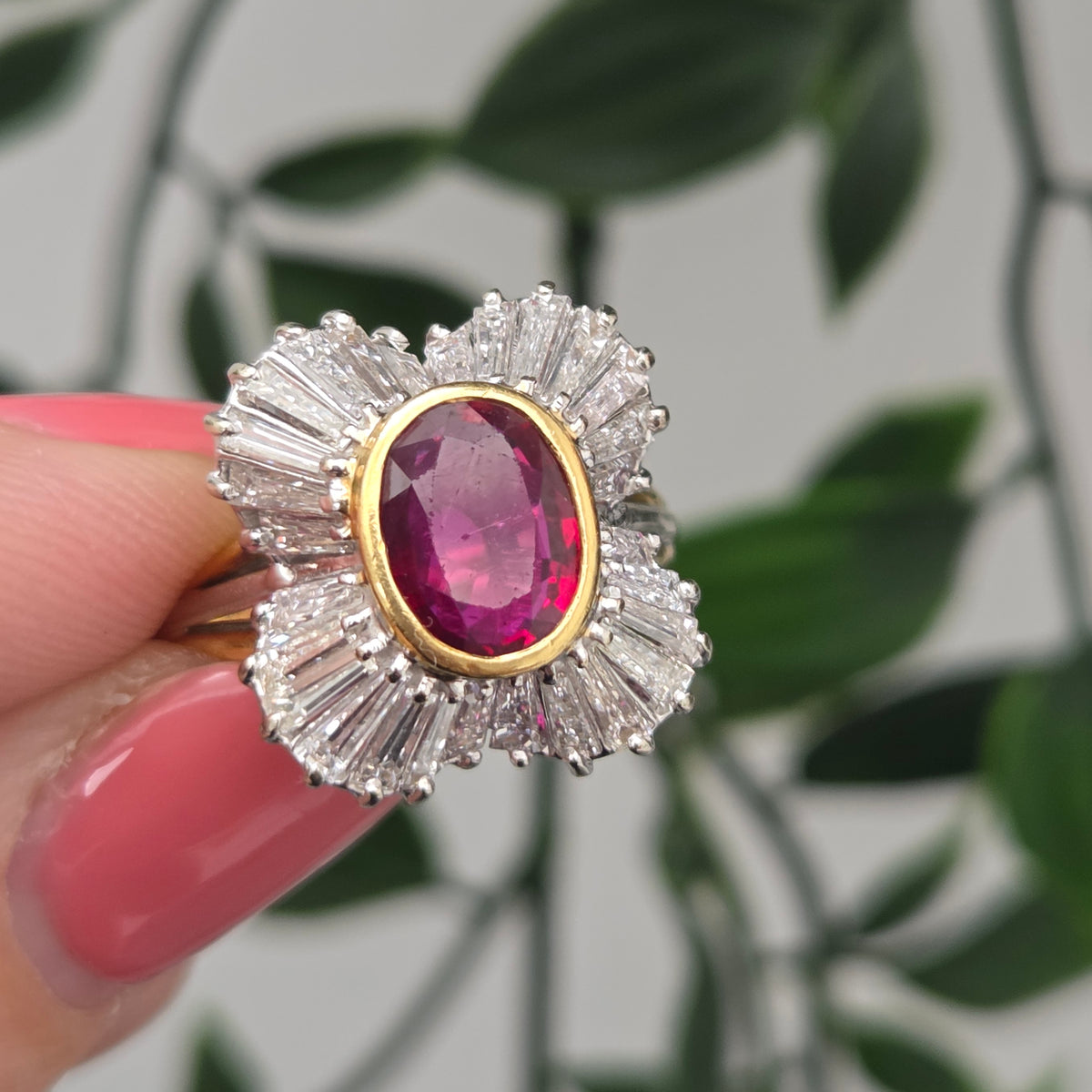 Oval Ruby and Tapered Baguette Diamond Ballerina Cluster Ring