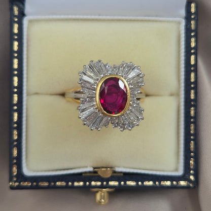 Oval Ruby and Tapered Baguette Diamond Ballerina Cluster Ring
