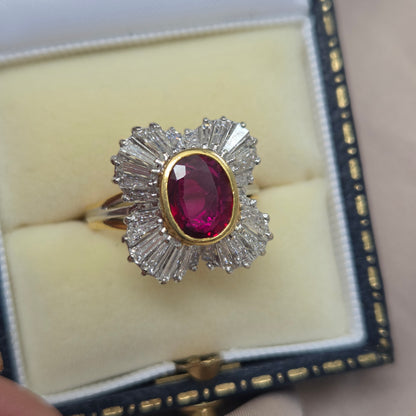 Oval Ruby and Tapered Baguette Diamond Ballerina Cluster Ring