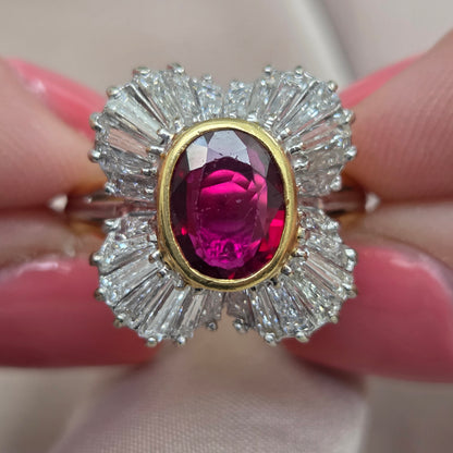 Oval Ruby and Tapered Baguette Diamond Ballerina Cluster Ring