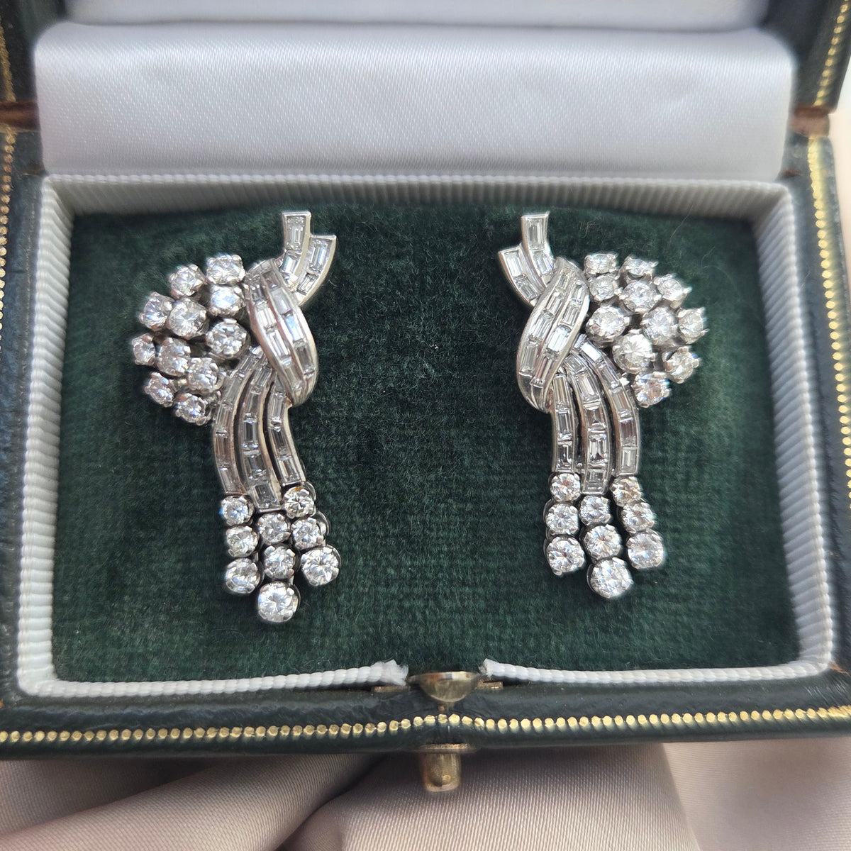 Vintage Cascade Diamond Platinum Earrings Circa 1950's
