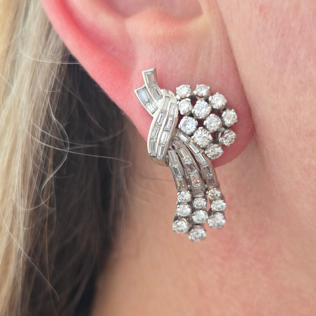 Vintage Cascade Diamond Platinum Earrings Circa 1950's