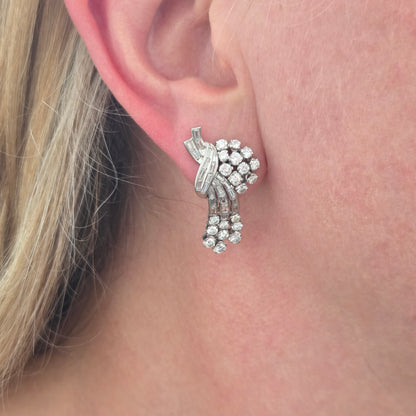 Vintage Cascade Diamond Platinum Earrings Circa 1950's