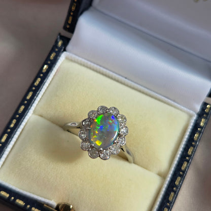 Edwardian Antique Black Opal and Old Cut Diamond Cluster Engagement Ring in Platinum