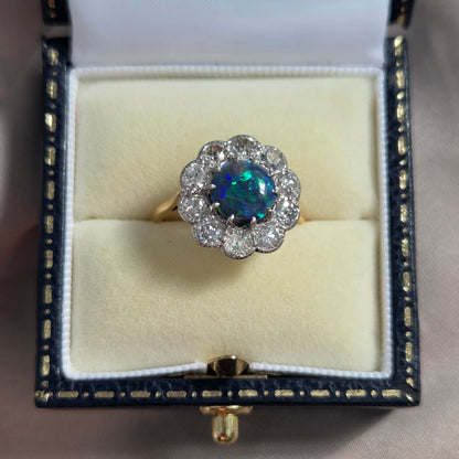 Victorian Antique Black Opal and Old Cut Diamond Cluster Engagement Ring