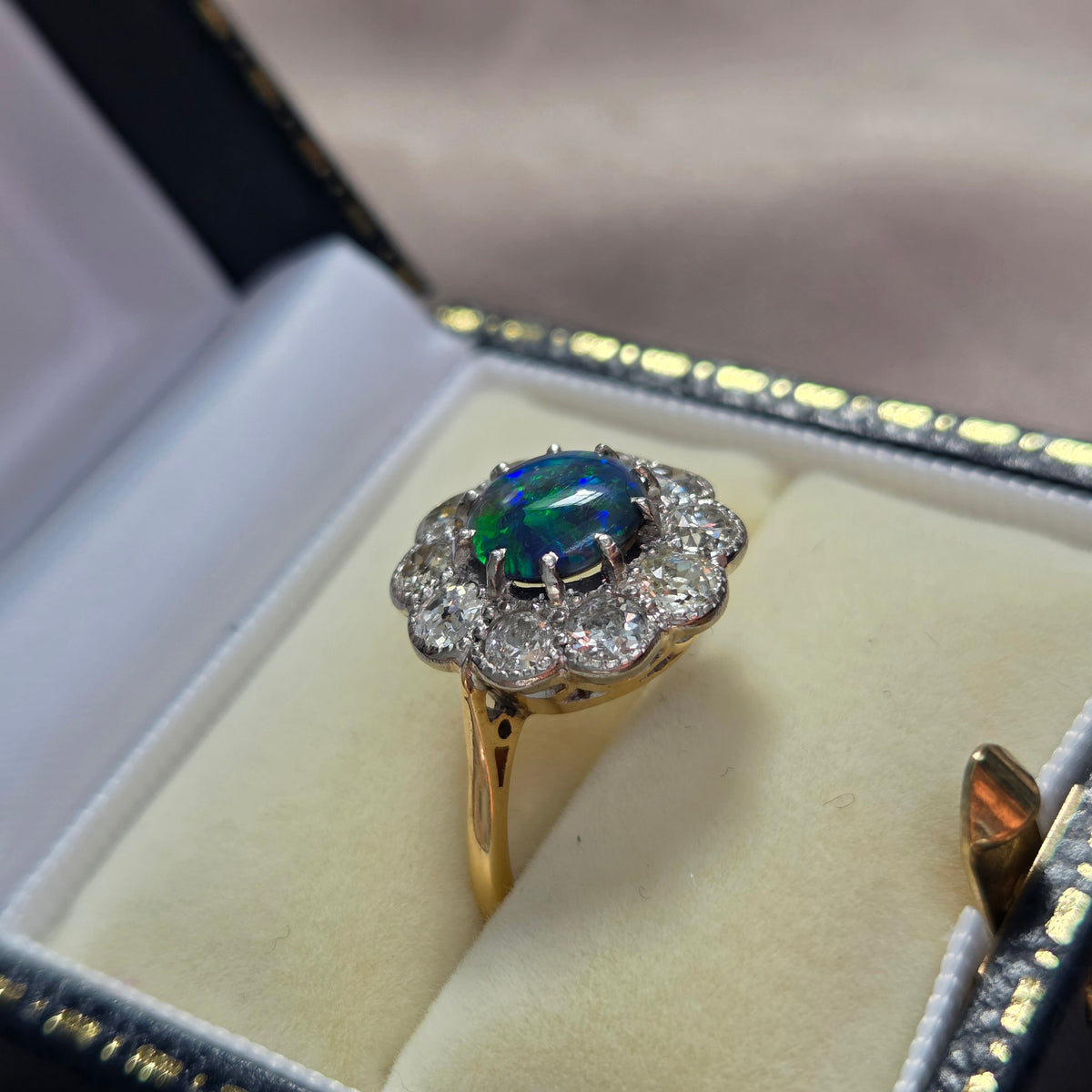 Victorian Antique Black Opal and Old Cut Diamond Cluster Engagement Ring