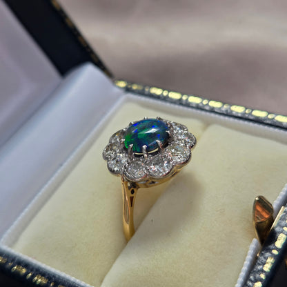 Victorian Antique Black Opal and Old Cut Diamond Cluster Engagement Ring