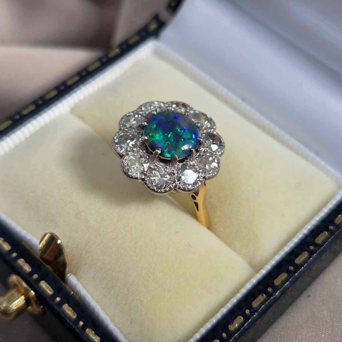 Victorian Antique Black Opal and Old Cut Diamond Cluster Engagement Ring
