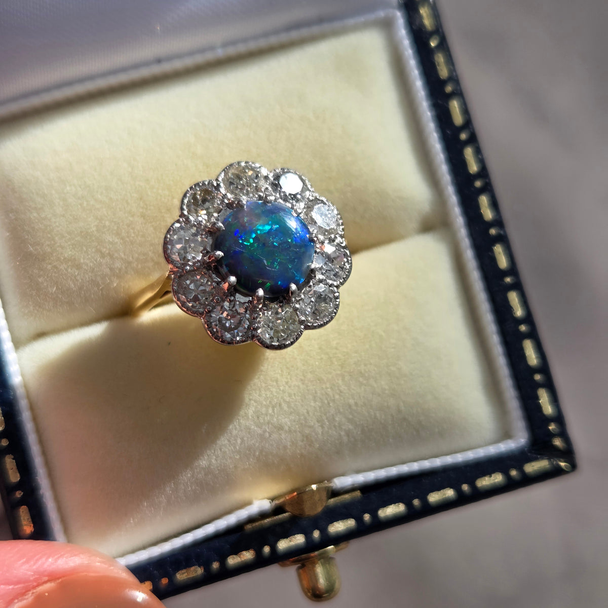 Victorian Antique Black Opal and Old Cut Diamond Cluster Engagement Ring
