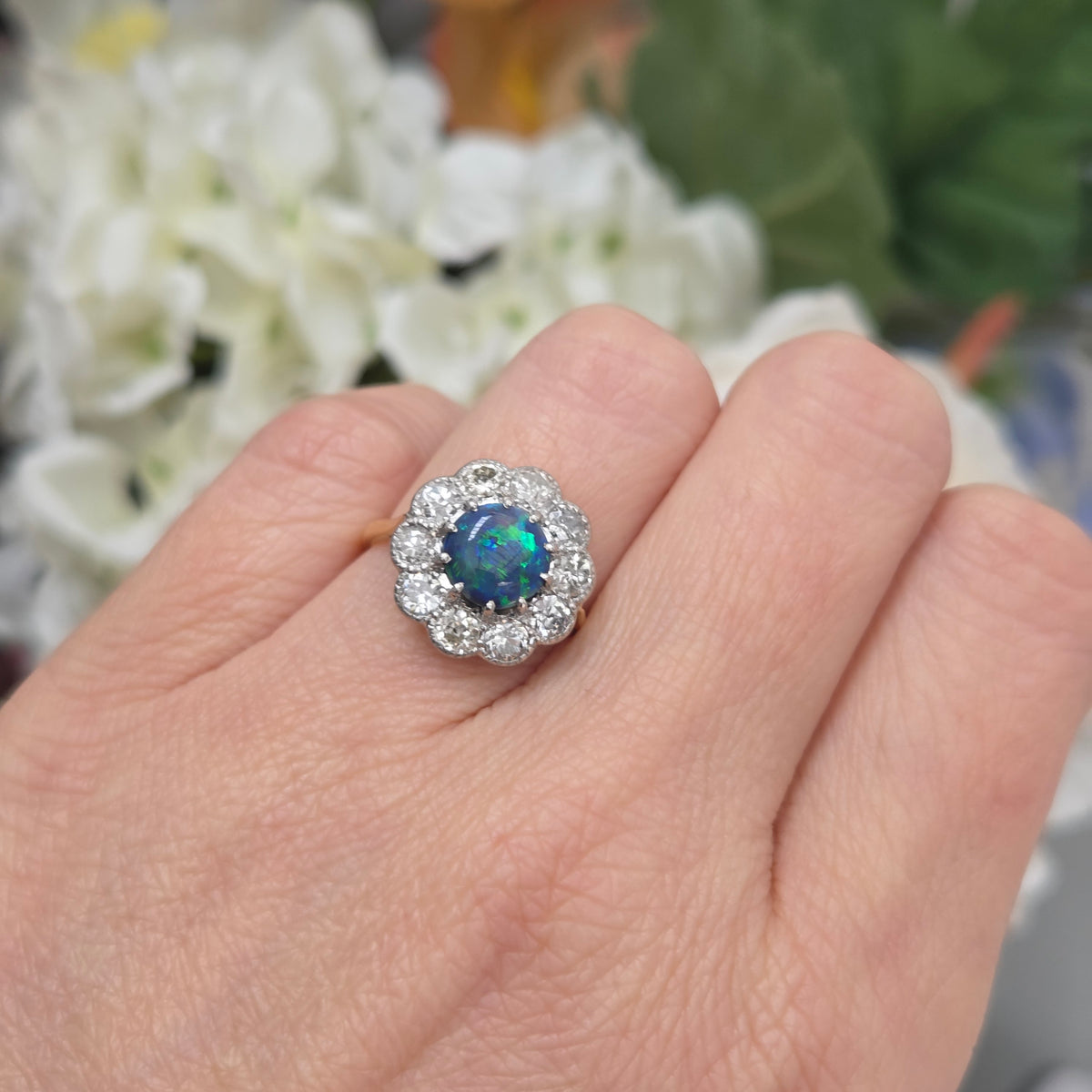 Victorian Antique Black Opal and Old Cut Diamond Cluster Engagement Ring