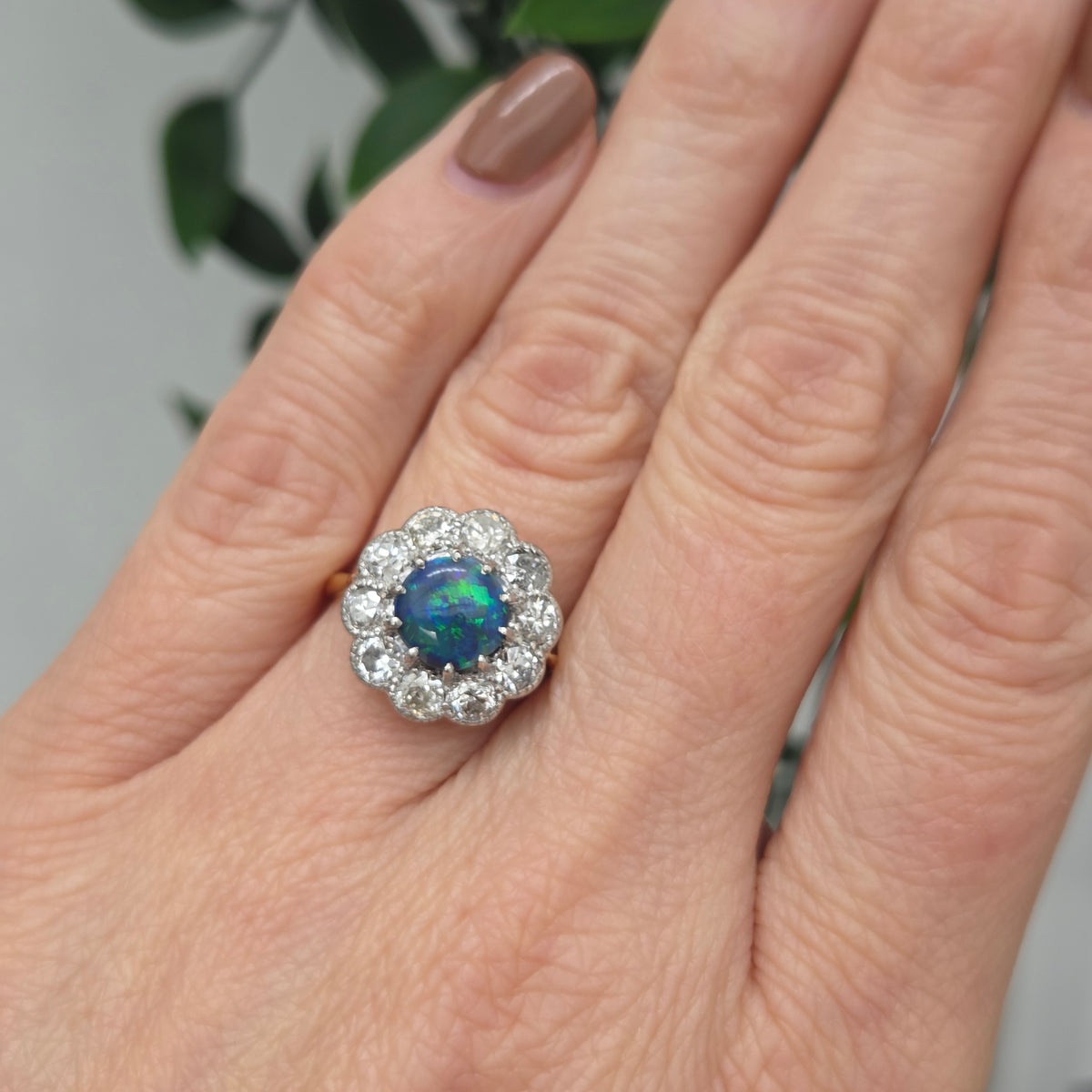 Victorian Antique Black Opal and Old Cut Diamond Cluster Engagement Ring