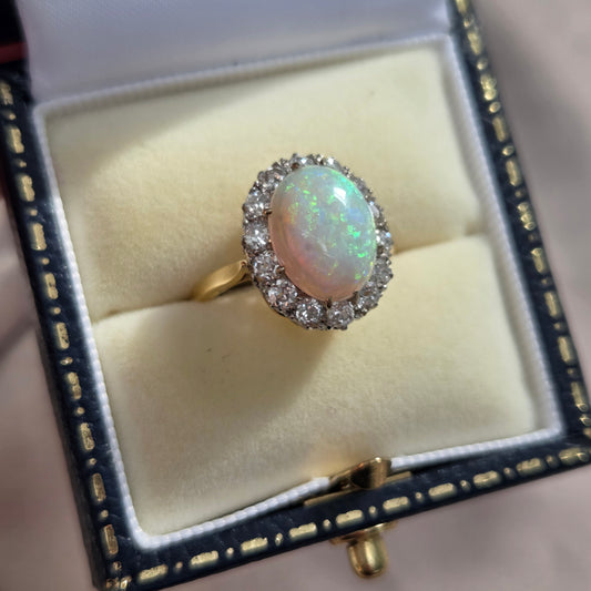 Antique Opal and Old Cut Diamond Cluster Engagement Ring in Platinum and 18ct Gold