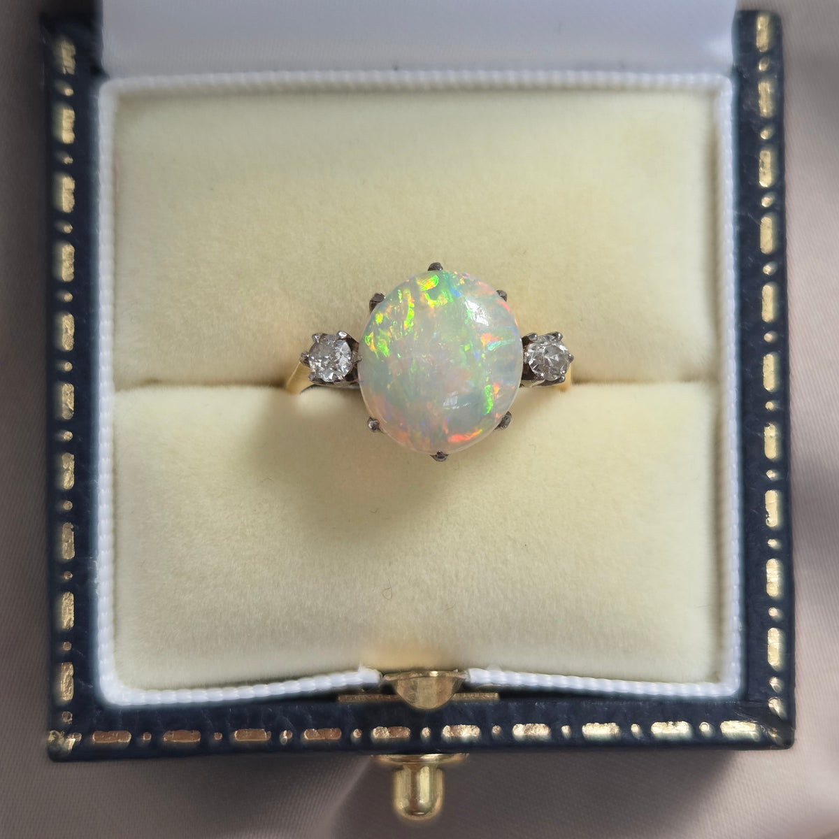 Antique Opal and Diamond Trilogy Three Stone Engagement Ring in 18ct Yellow Gold