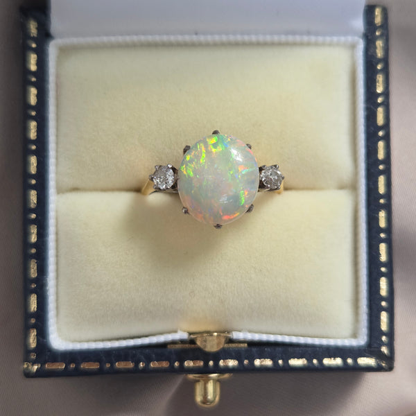 Antique Opal and Diamond Trilogy Three Stone Engagement Ring in 18ct Yellow Gold