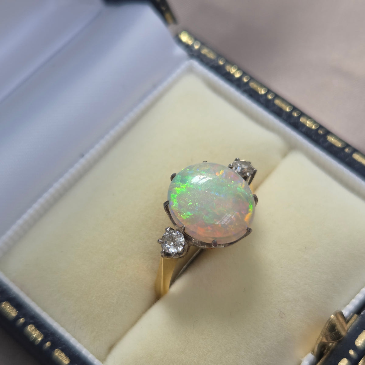 Antique Opal and Diamond Trilogy Three Stone Engagement Ring in 18ct Yellow Gold