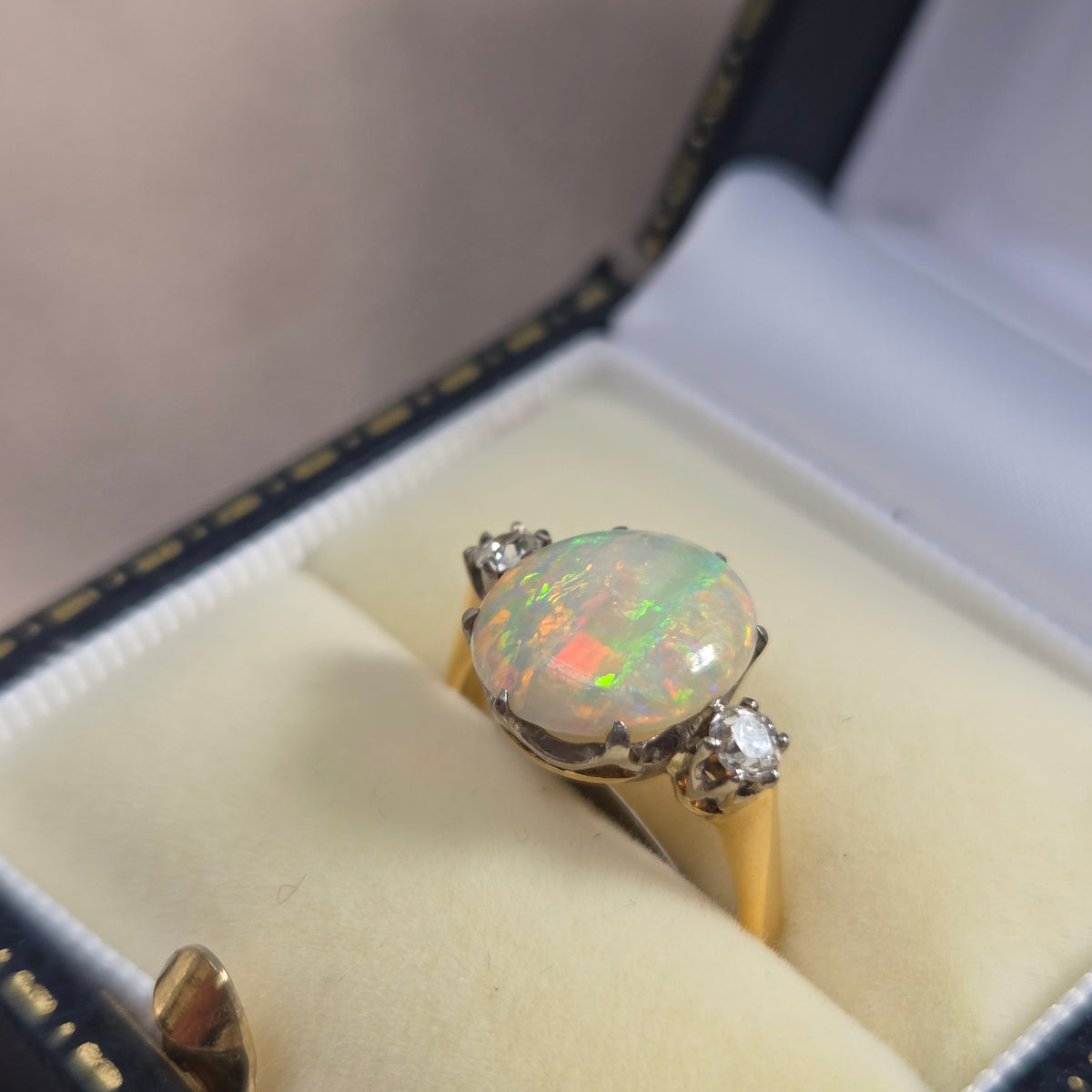 Antique Opal and Diamond Trilogy Three Stone Engagement Ring in 18ct Yellow Gold