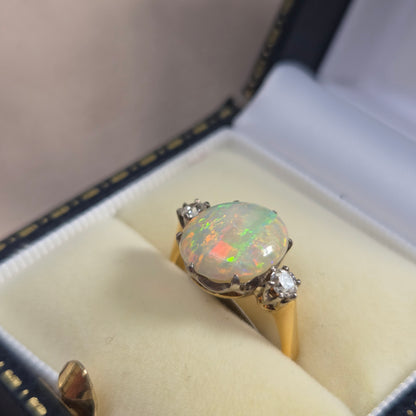 Antique Opal and Diamond Trilogy Three Stone Engagement Ring in 18ct Yellow Gold