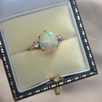 Antique Opal and Diamond Trilogy Three Stone Engagement Ring in 18ct Yellow Gold