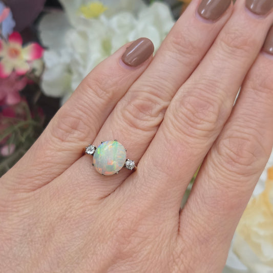 Antique Opal and Diamond Trilogy Three Stone Engagement Ring in 18ct Yellow Gold