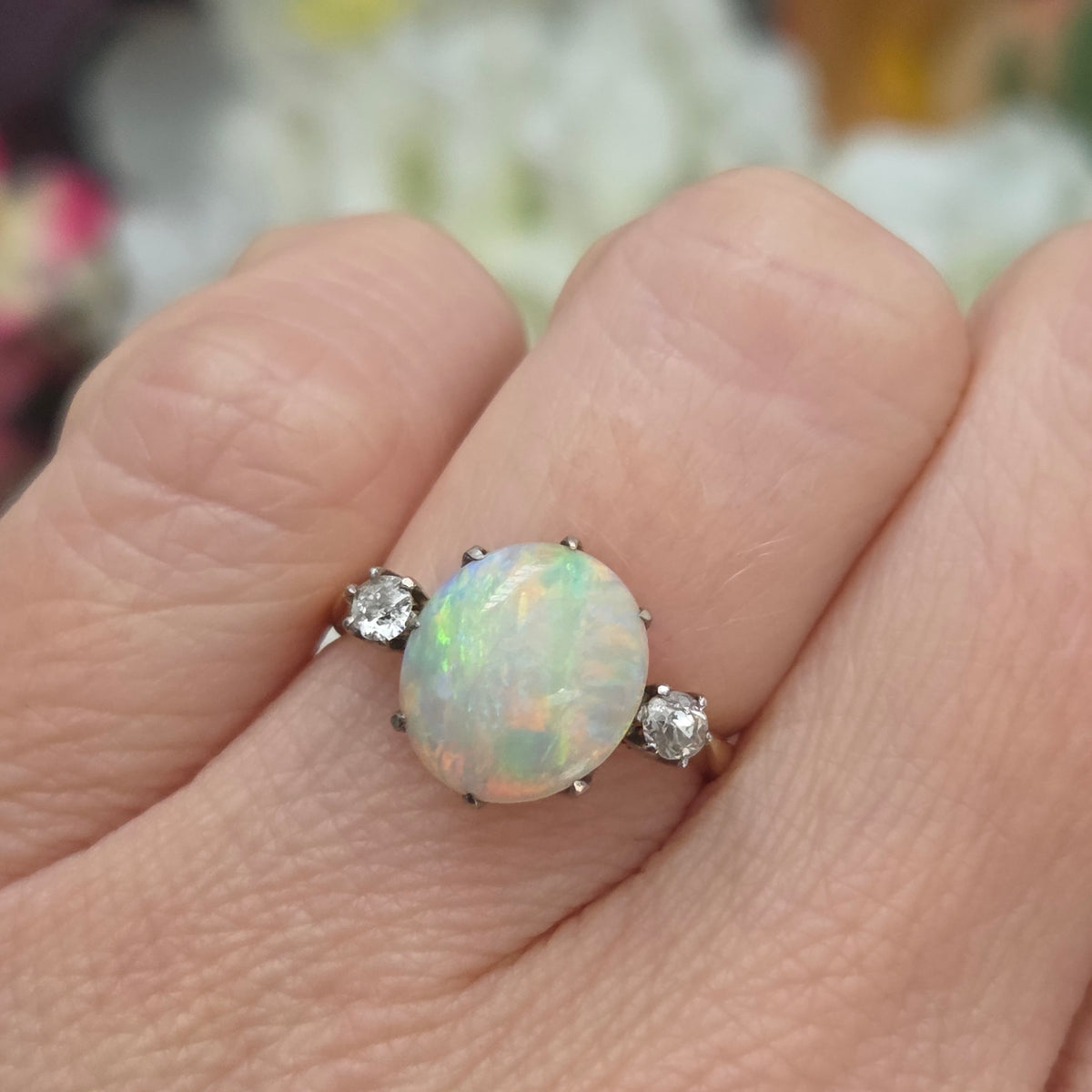 Antique Opal and Diamond Trilogy Three Stone Engagement Ring in 18ct Yellow Gold