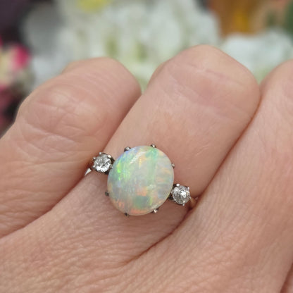 Antique Opal and Diamond Trilogy Three Stone Engagement Ring in 18ct Yellow Gold