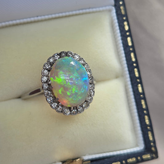 Edwardian Antique Opal and Diamond Cluster Ring