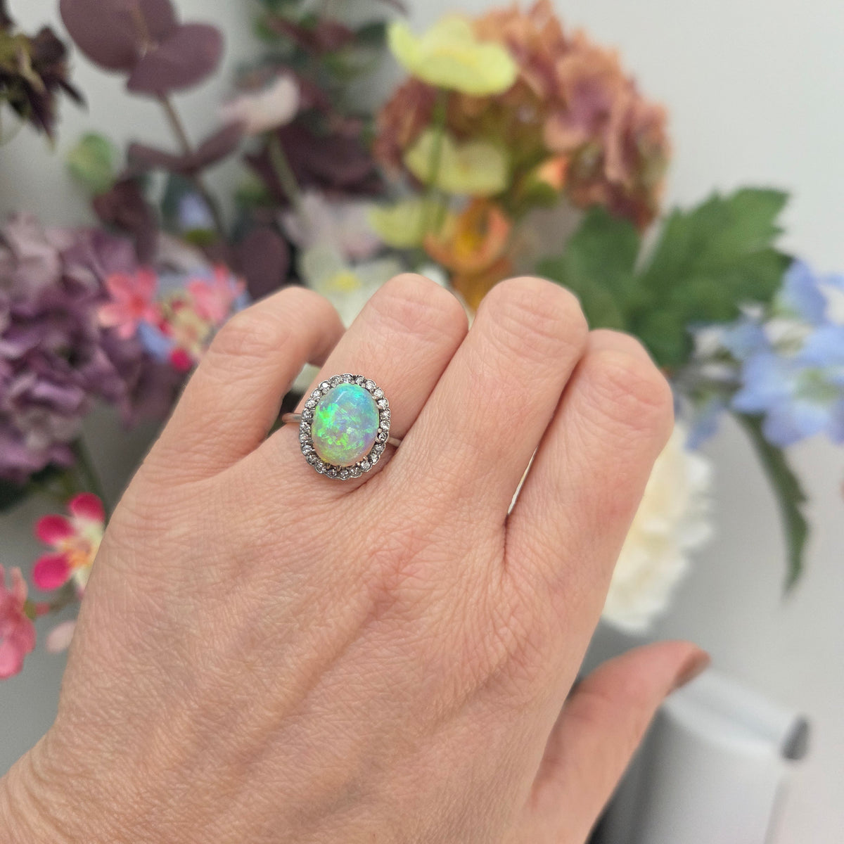 Edwardian Antique Opal and Diamond Cluster Ring