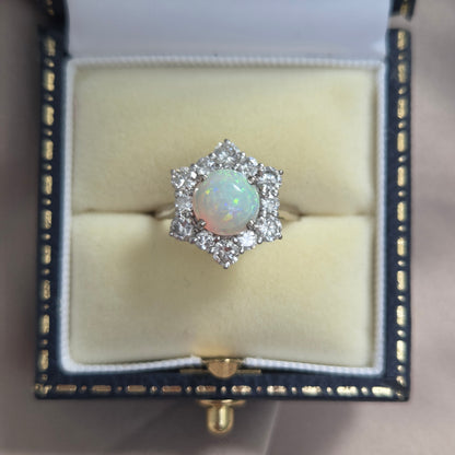 Vintage French Opal and Diamond Hexagonal Star Cluster Engagement Ring in 18ct White Gold, Circa 1960