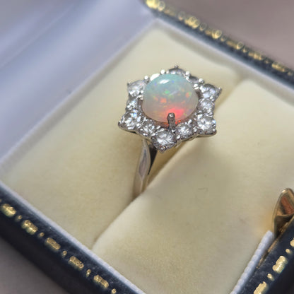 Vintage French Opal and Diamond Hexagonal Star Cluster Engagement Ring in 18ct White Gold, Circa 1960