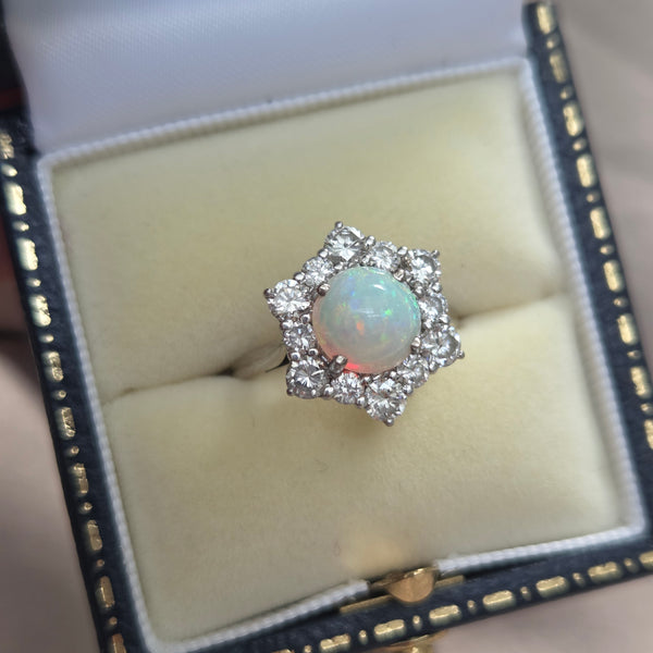 Vintage French Opal and Diamond Hexagonal Star Cluster Engagement Ring in 18ct White Gold, Circa 1960
