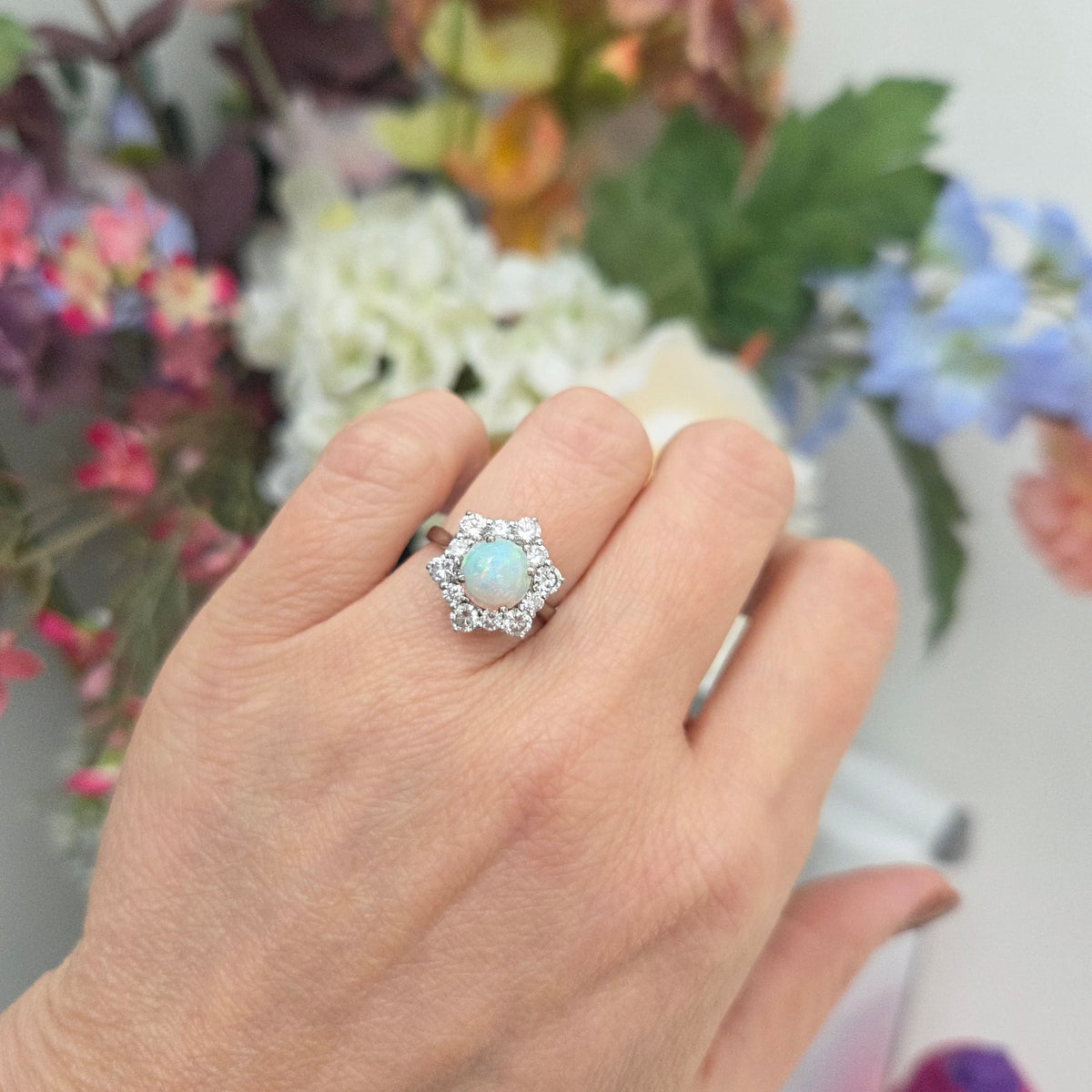 Vintage French Opal and Diamond Hexagonal Star Cluster Engagement Ring in 18ct White Gold, Circa 1960