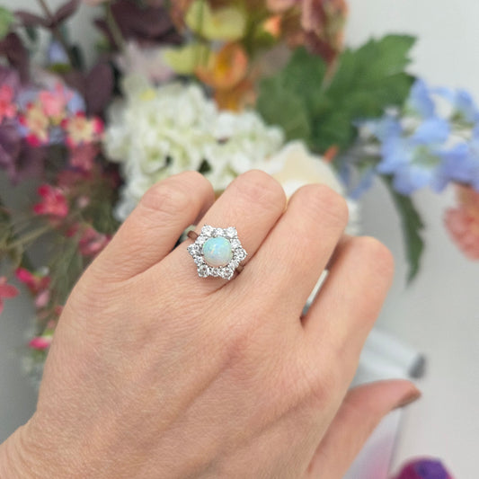 Vintage French Opal and Diamond Hexagonal Star Cluster Engagement Ring in 18ct White Gold, Circa 1960