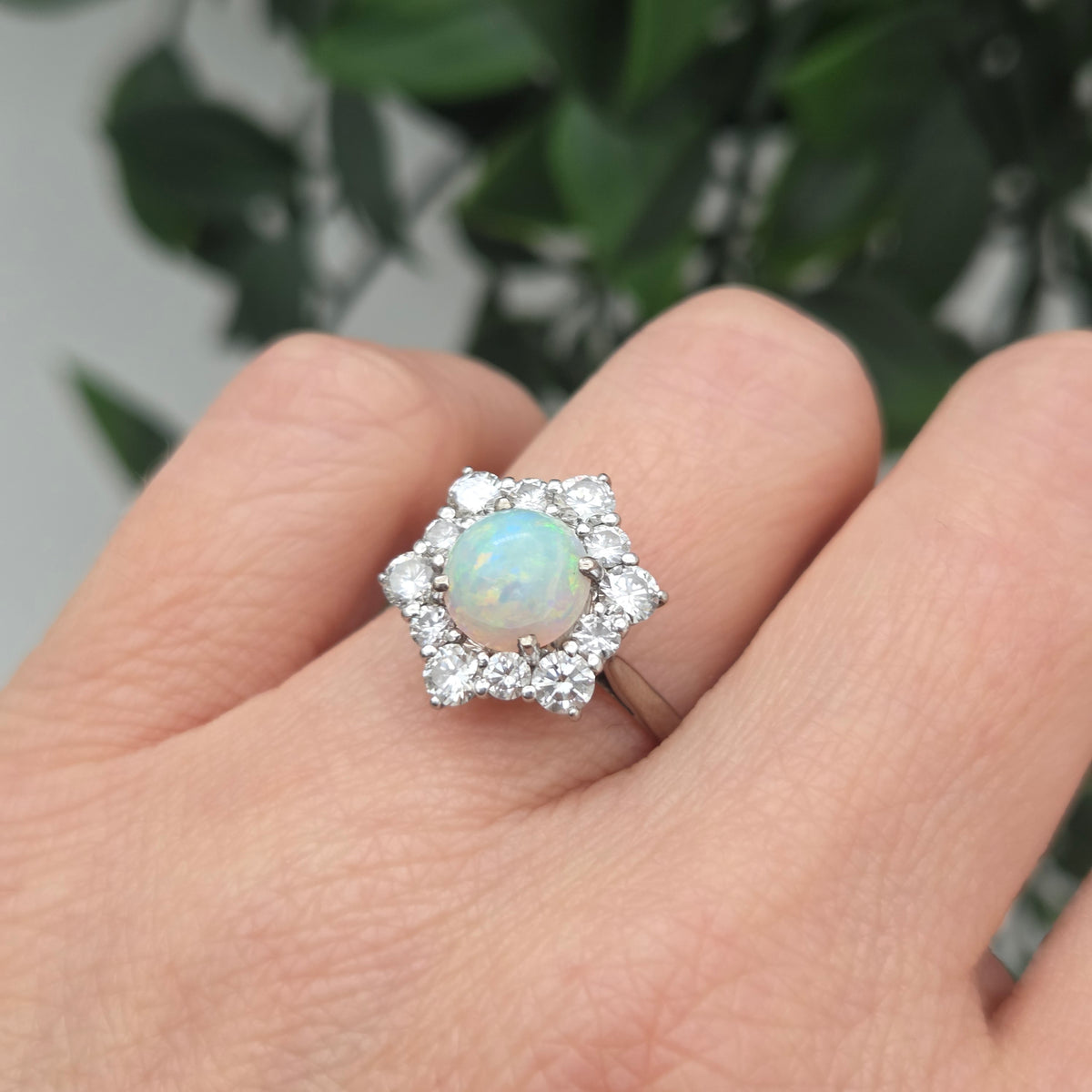 Vintage French Opal and Diamond Hexagonal Star Cluster Engagement Ring in 18ct White Gold, Circa 1960