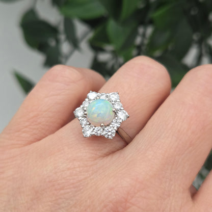 Vintage French Opal and Diamond Hexagonal Star Cluster Engagement Ring in 18ct White Gold, Circa 1960
