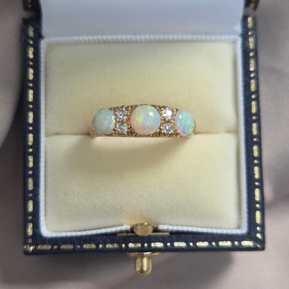 Edwardian Antique Opal Three Stone Carved Hoop Ring with Diamonds