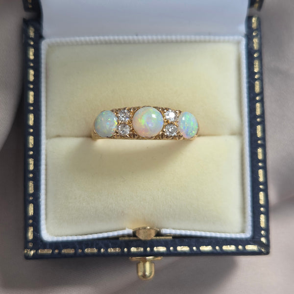 Edwardian Antique Opal Three Stone Carved Hoop Ring with Diamonds