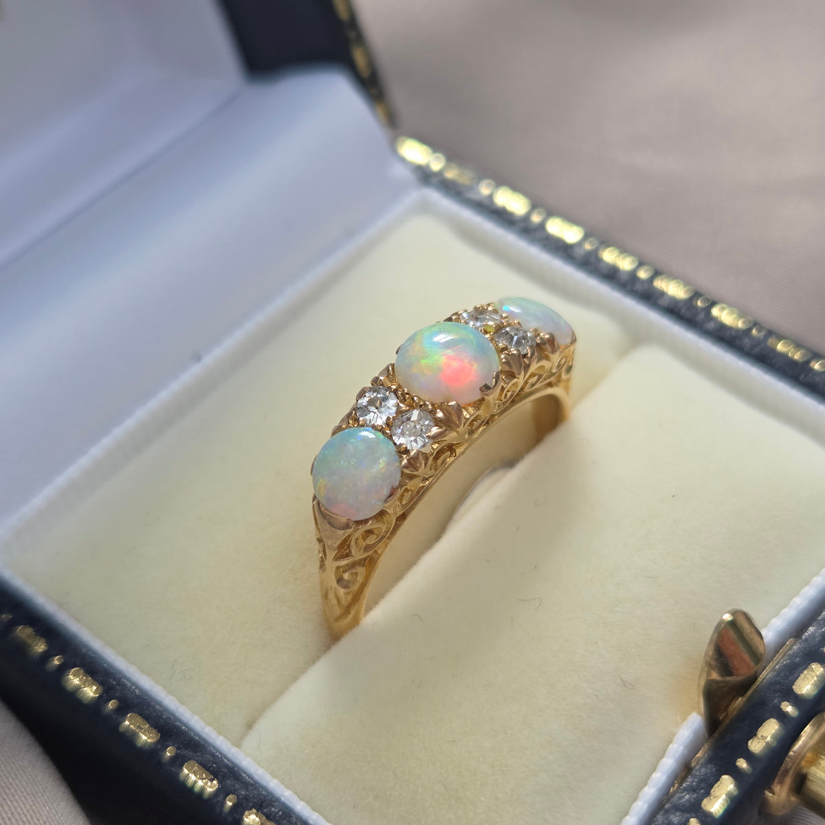 Edwardian Antique Opal Three Stone Carved Hoop Ring with Diamonds