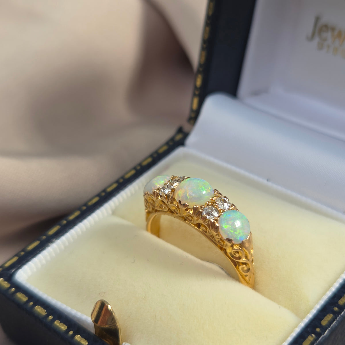 Edwardian Antique Opal Three Stone Carved Hoop Ring with Diamonds