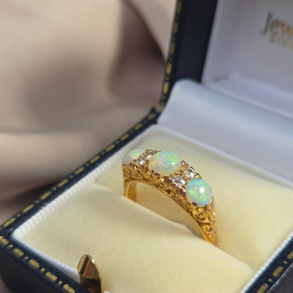 Edwardian Antique Opal Three Stone Carved Hoop Ring with Diamonds
