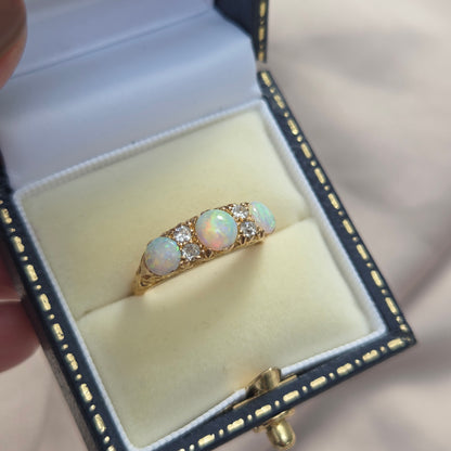 Edwardian Antique Opal Three Stone Carved Hoop Ring with Diamonds