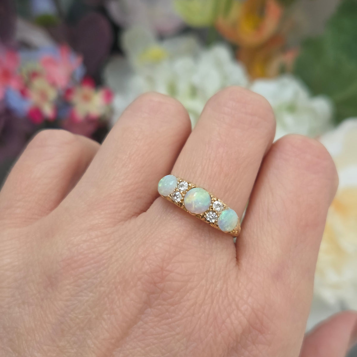 Edwardian Antique Opal Three Stone Carved Hoop Ring with Diamonds