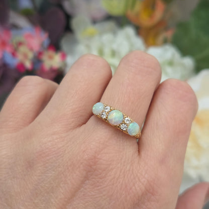 Edwardian Antique Opal Three Stone Carved Hoop Ring with Diamonds