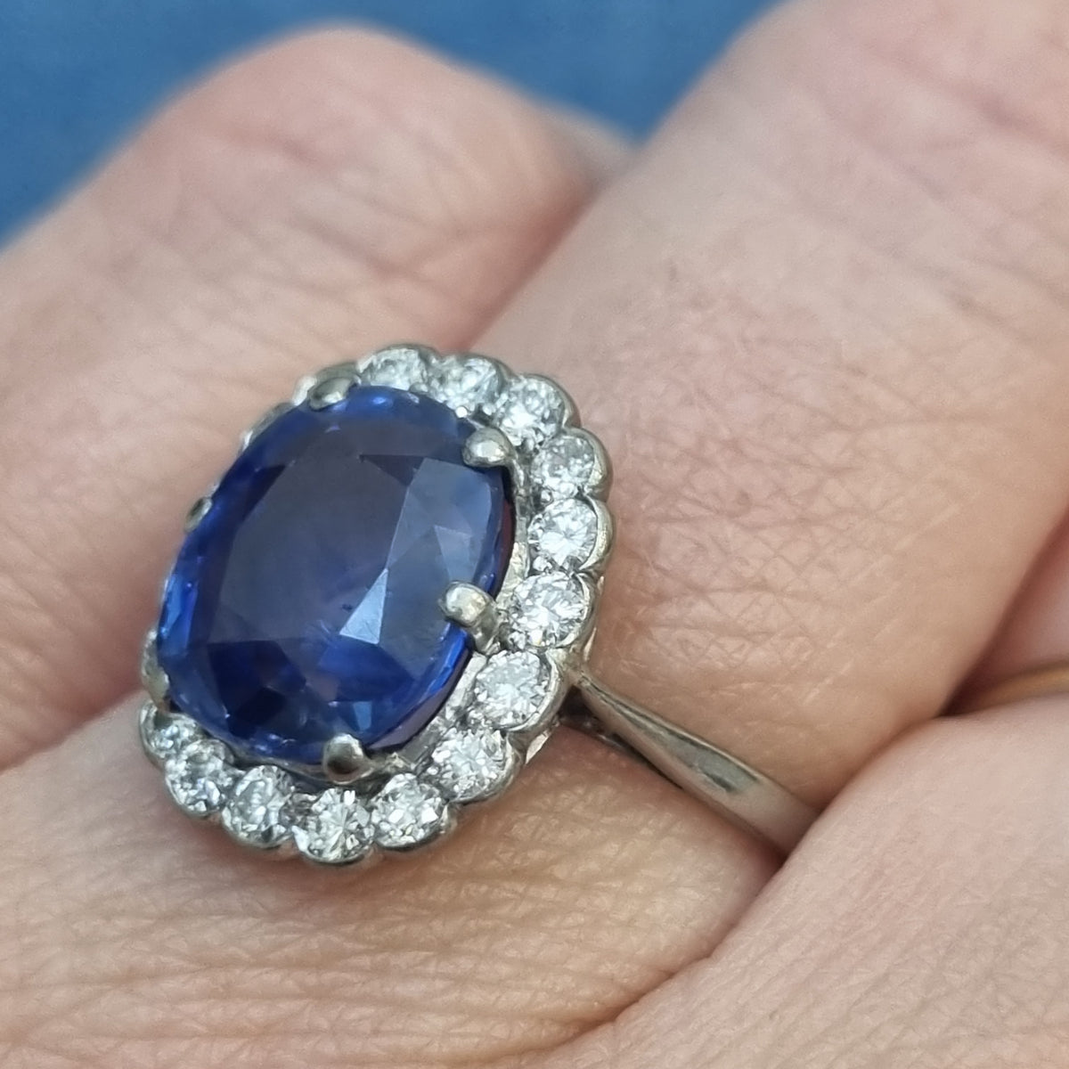 Art Deco 4.30ct Ceylon No Heat Sapphire and Diamond Cluster Engagement Ring