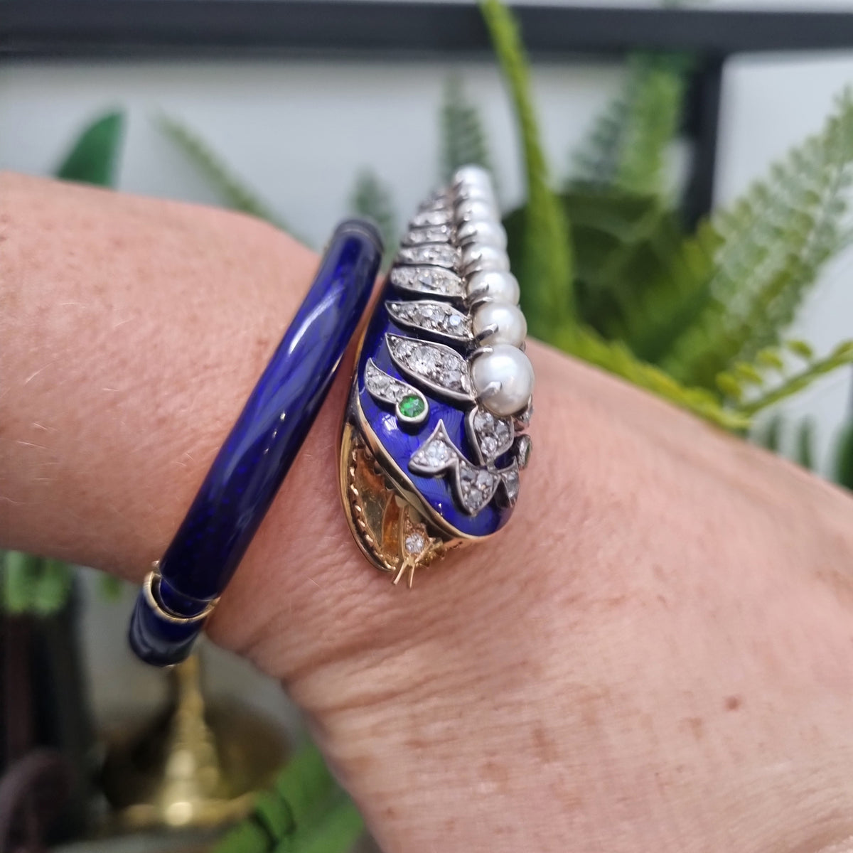Victorian Antique Blue Enamel Pearl Diamond Set Gold Snake Bangle Bracelet