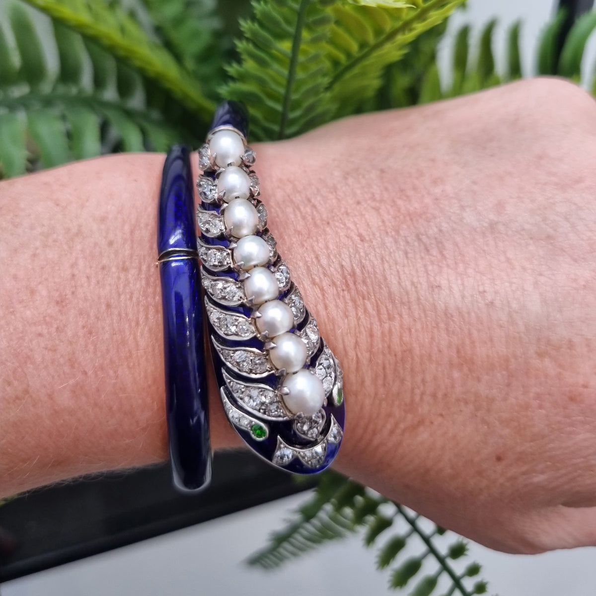 Victorian Antique Blue Enamel Pearl Diamond Set Gold Snake Bangle Bracelet